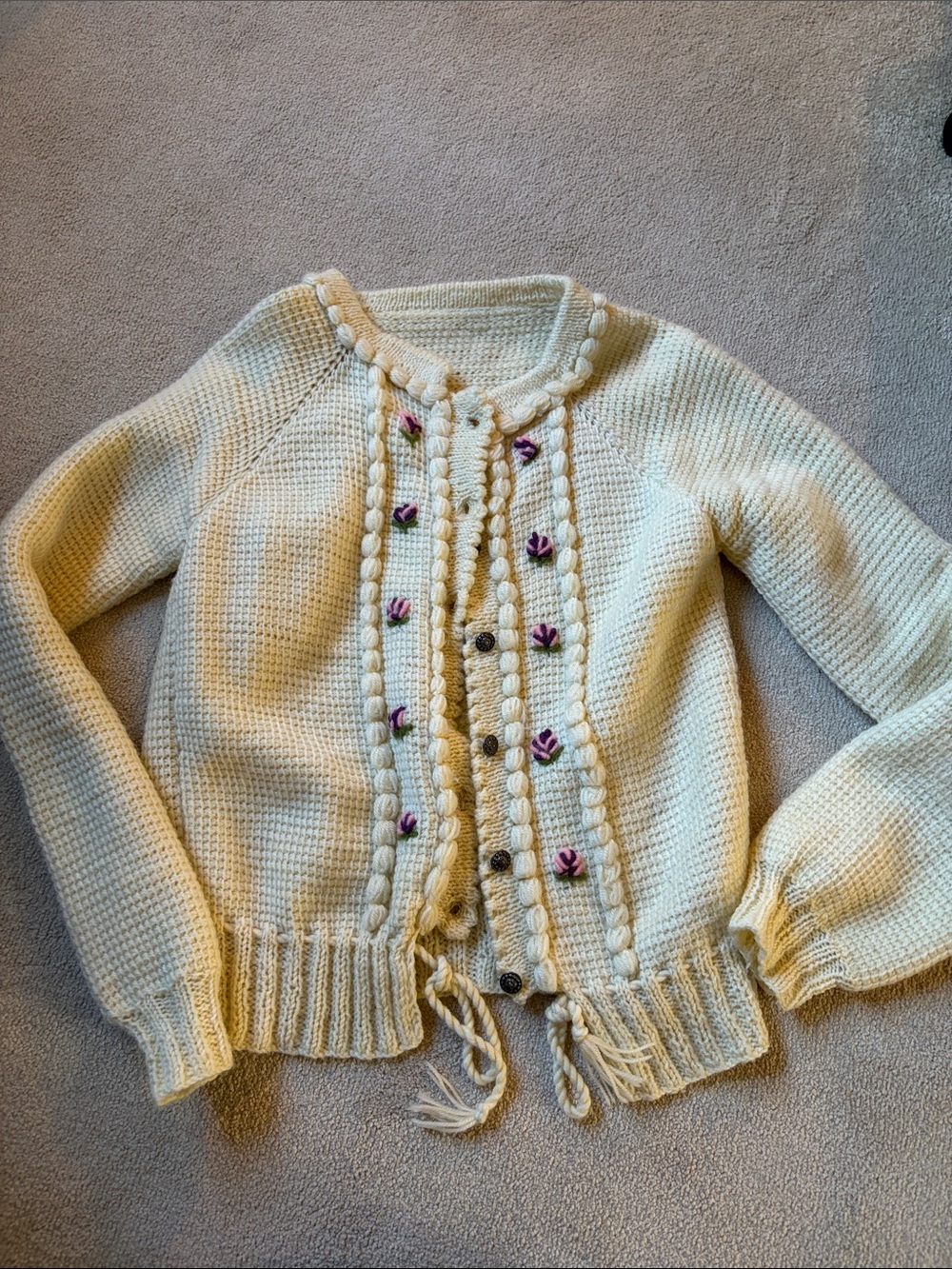 Pale Yellow Knit Cardigan with Purple Floral Embroidery